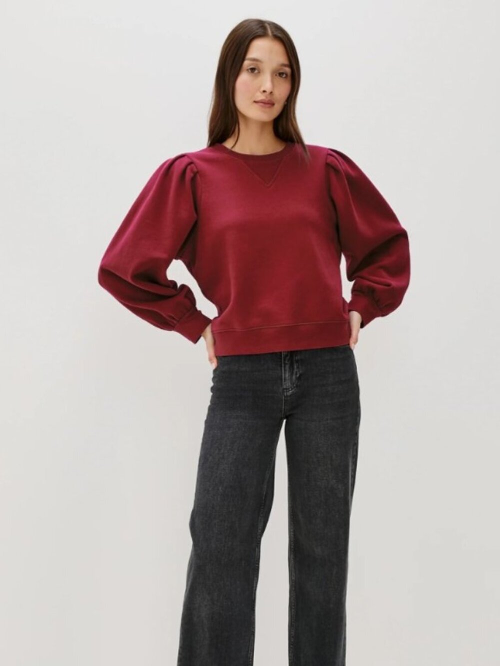 Rails Tiffany Puff Sleeve Sweatshirt Merlot Crew Neck Cozy Fleece - Large